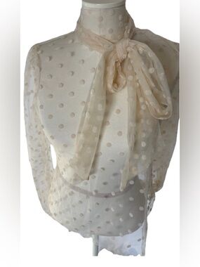 Banana Republic Sheer Tulle Polka Dot Mock Neck Blouse With Bow Tie Cream Small